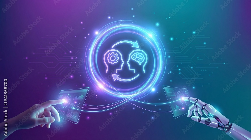 Obraz premium Human and AI Learning Collaboration Concept with Futuristic Artificial Intelligence Technology Interface