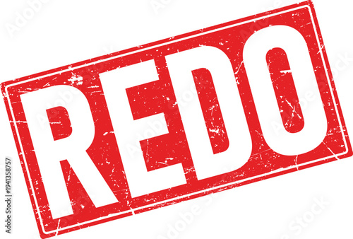 Red Rectangular Rubber Stamp Impression with REDO Text, Distressed Style on White