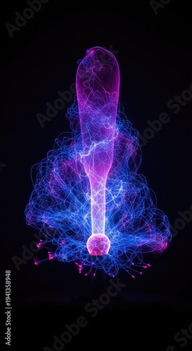 Intense high voltage electrical plasma discharge with vivid violet and blue streamers flowing in an abstract dynamic pattern, voltage, futuristic, science