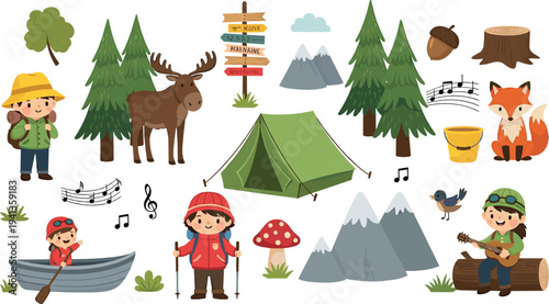 Camping adventure vector set with tent, hikers, mountains, moose, fox and forest nature cartoon illustration