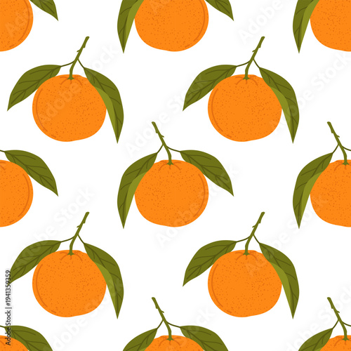 Seamless pattern with fresh oranges and green leaves on white background. Botanical tangerine citrus background for cards, packaging, posters and menus. Flat vector illustration.
