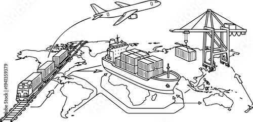 Minimalist line art vector of global logistics network, freight transportation with cargo ship, train, airplane, and crane