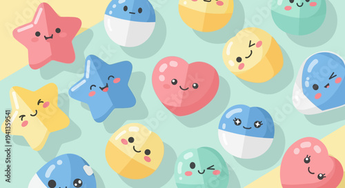 Cute Kawaii Candy Shapes with Happy Faces: Stars, Hearts, and Capsules