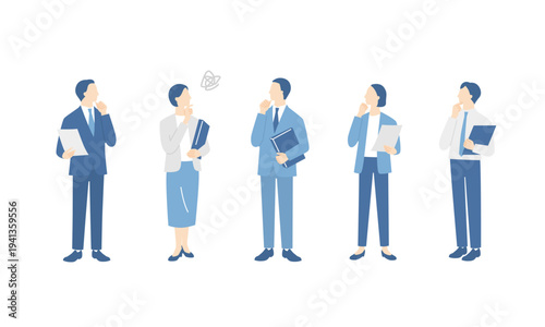 書類ファイルを持って困っている、ビジネスチームの全身イラストセット