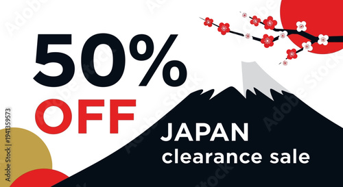 Japan Clearance Sale Banner with 50% Off, Mount Fuji, and Cherry Blossom Design