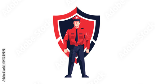 Illustration of a security guard standing in front of a shield logo with red and blue colors on a white background.