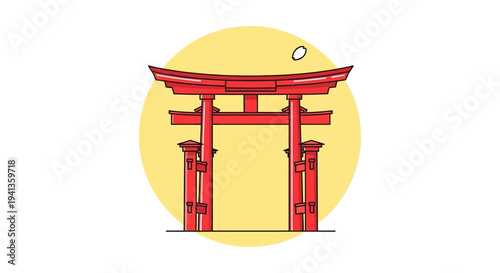 Red Torii Gate Silhouette on Yellow Circle Background, Japanese Culture Symbol