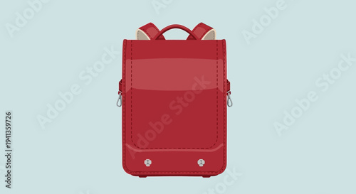 Red Japanese Randoseru Backpack for Schoolchildren, Isolated on Light Blue