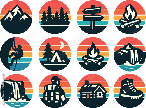 Flat design camping adventure icons set with outdoor activities, survival gear, and nature elements on vibrant gradient backgrounds