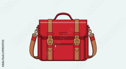 Red Leather Satchel Bag with Buckles and Shoulder Strap - Vintage Style Briefcase