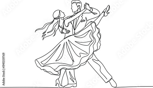 Romantic couple dancing together, elegant man and woman in formal attire performing a ballroom dance, continuous single line art style on white background.