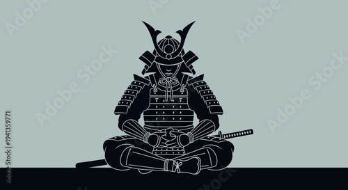 Samurai Warrior Meditating in Zen Pose, Black Silhouette on Grey Background