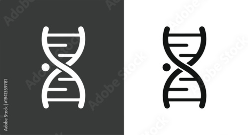 Graphic illustration of DNA double helix icons in black and white on contrasting backgrounds.