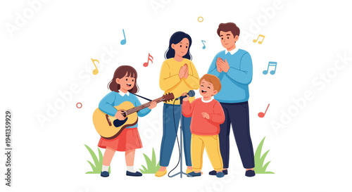 Illustration of a family with a girl playing guitar and a boy singing into a microphone outdoors with musical notes around them.