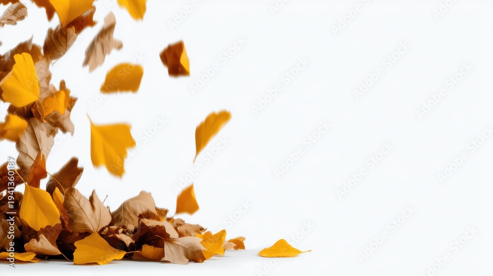 Obraz premium A dynamic shot of golden autumn leaves swirling through the air, capturing the essence of the fall season and the beauty of nature's cycle and change.