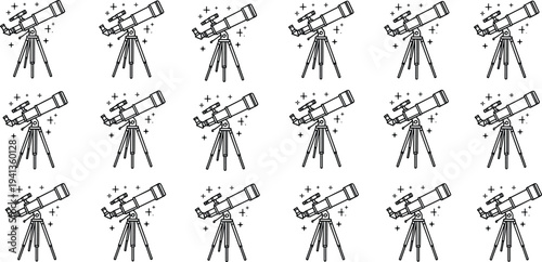 Repeated pattern of telescope line art illustrations on tripods with stars for astronomy education, science discovery, space observation, and night sky stargazing.