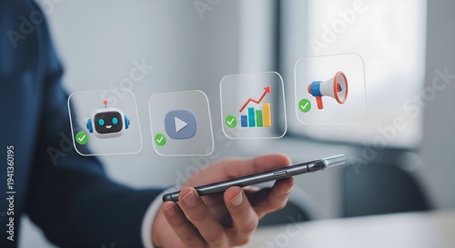 AI marketing automation and business analytics dashboard concept with glass UI icons on smartphone for corporate digital transformation presentation