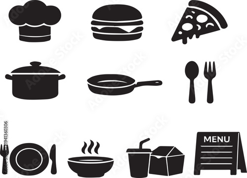 Black and white cooking icons set with chef hat burger pizza pan utensils menu steam dining flat design vector illustration