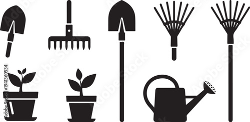 Gardening tools and plants in black silhouette style icons