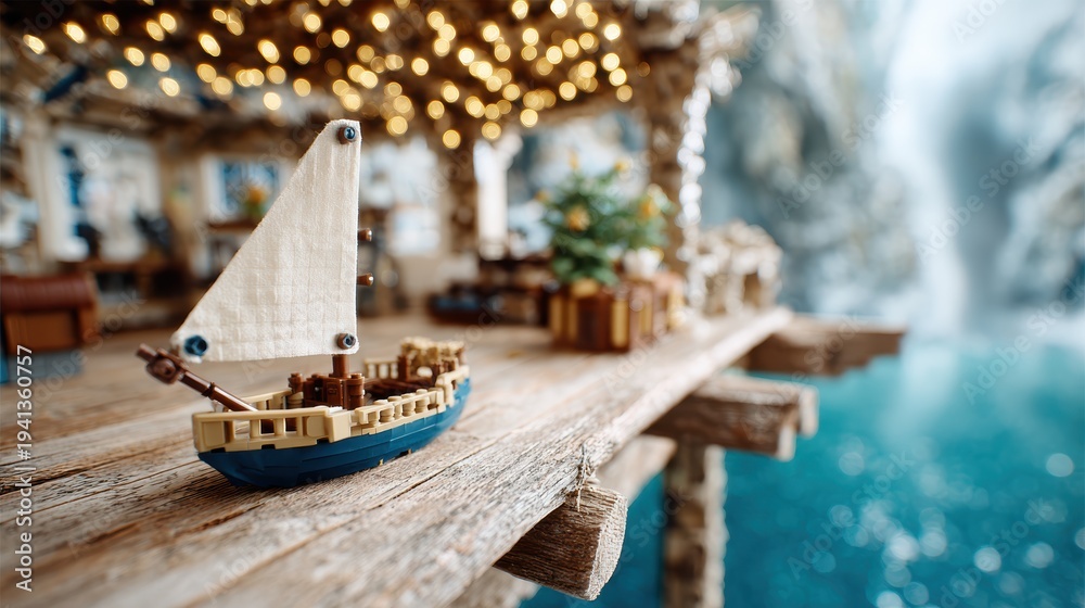 Fototapeta premium A meticulously crafted miniature ship rests on a beautifully constructed wooden dock, paired with brilliant bokeh lights creating a whimsical and playful artistic impression.
