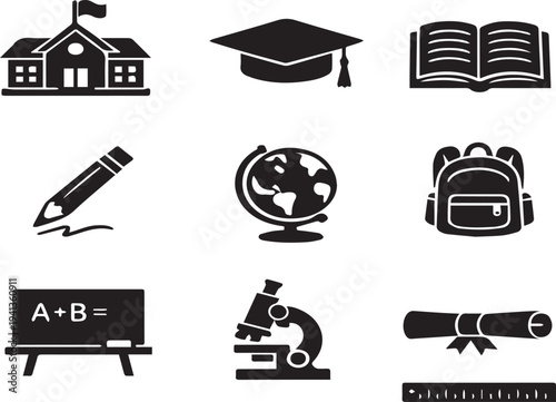 Education and learning icon set with school house, graduation cap, books, pencil, globe, backpack, math symbols, and science tools on white background