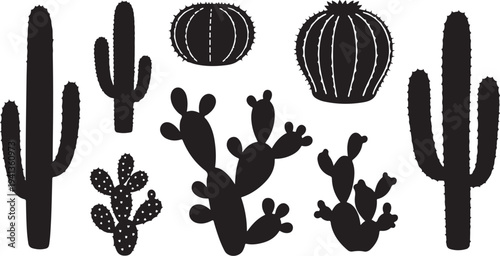 Black silhouettes of various cacti and succulents on white