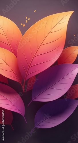 Composition of gradient leaves in orange, red, and purple tones against a dark backdrop, representing growth and organic design for a modern aesthetic