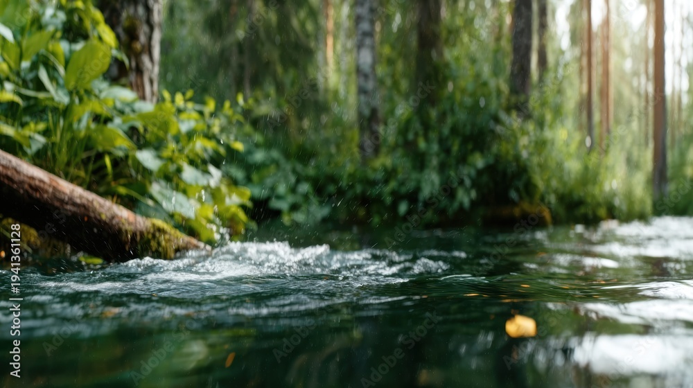 Fototapeta premium A tranquil scene featuring a sparkling stream flowing among vibrant green foliage, highlighting the beauty of nature and inviting a sense of peace and connection to the environment.