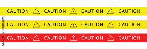 Caution tape collection with yellow and red warning ribbons. Featuring exclamation mark symbols, safety barrier stripes for construction, hazard zones, and restricted area boundaries.