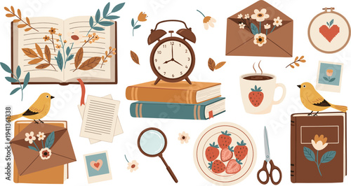 Cozy vintage stationery vector set with books, letters, flowers, clock, magnifying glass, coffee mug and scrapbook elements aesthetic illustration collection
