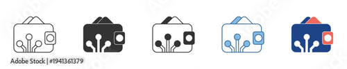 Stylized digital wallet icons in various styles, representing secure electronic payments, cryptocurrency management, and blockchain technology for virtual finance