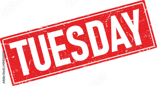 Tuesday Text in Distressed Red Ink, Rectangle Rubber Stamp Design, Isolated