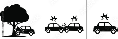 Set of black car accident icons showing a vehicle hitting a tree, a head-on collision between two cars, and a single car crash.