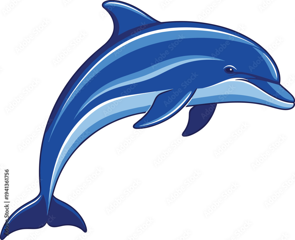 Obraz premium Blue dolphin cartoon illustration jumping in ocean, cute marine animal character design, aquatic wildlife clipart isolated for kids education, mascot, logo, and children projects