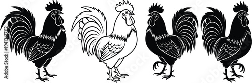 Black and white rooster silhouette collection, decorative chicken vector illustration set, farm animal design elements isolated on light background, rustic poultry icons for branding, logo, and 