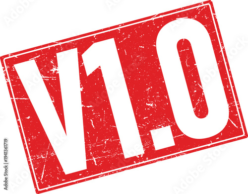 Distressed Red Rubber Stamp of the Text V1.0 on White Background