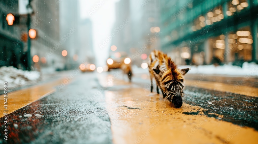 Fototapeta premium A striking and surreal scene of zebras roaming a rain-soaked city street, capturing a unique juxtaposition of wildlife amidst urban life and an atmospheric setting.