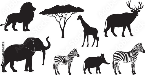 African Wildlife Silhouettes on White Background Illustration Set