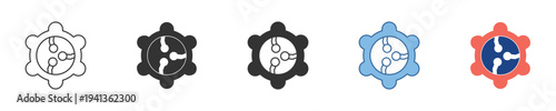 Versatile icon set featuring a gear with interconnected dots, symbolizing advanced settings, network sharing, and system integration within digital interfaces and applications