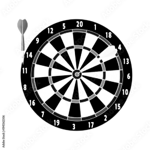 Halftone style dartboard with dart silhouette, classic target for dart game and sport competition. Black and white illustration isolated for gambling, recreation, accuracy and aim concept.