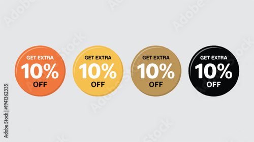 Four circular sale tags offering 10% off. diverse colors: orange, yellow, brown, black. retail promotions and marketing