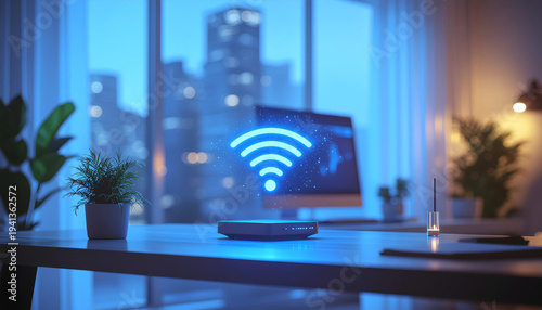 Futuristic Home WiFi Router with Glowing Holographic Wireless Signal in Modern Smart Workspace