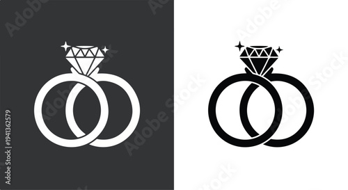 Two intertwined wedding ring icons with diamond, one in white on dark background and one in black on white background.