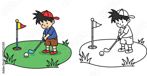 Cute cartoon boy playing mini golf vector illustration. Includes colorful version and black outline coloring page version for kids activities.