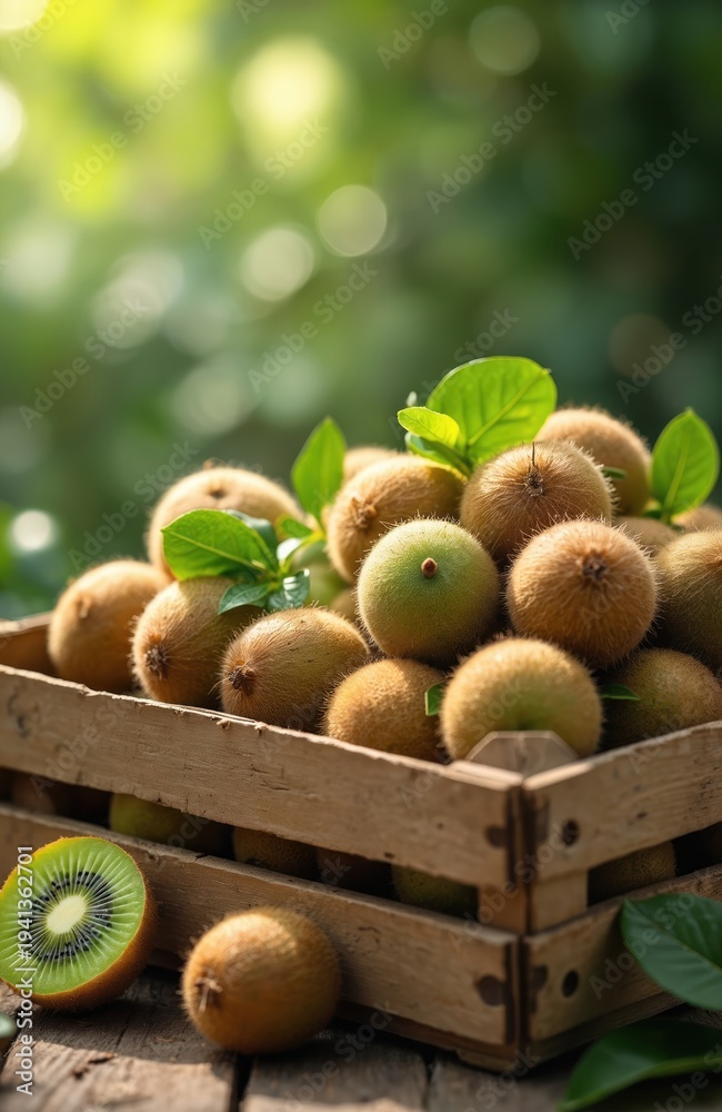 Fototapeta premium Wooden crate full of ripe fuzzy kiwi berries ready for harvest. Juicy kiwi fruit closeup shows green flesh and black seeds. Fresh produce in natural light outdoors.