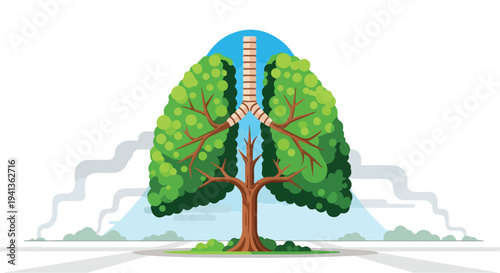 Illustration of a tree with a lung and bronchial tubes for a trunk, surrounded by smokestacks emitting gray smoke on a white background with green foliage and blue sky.