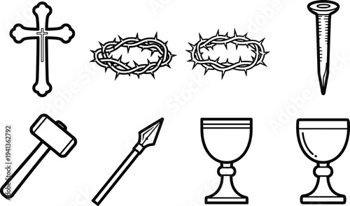 Religious symbols and icons in minimalist line art style