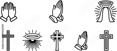 Various religious symbols including prayers and crosses in minimalist style