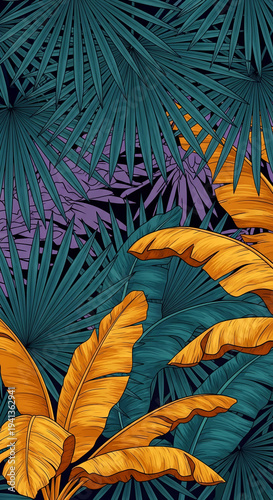 Illustration of dense tropical foliage with fan palm and banana leaves in gold, teal, and purple hues, representative of exotic flora and vegetation