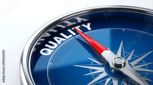 Compass needle pointing to Quality on navigation dial, business excellence and quality management concept representing standards, performance, and continuous improvement.